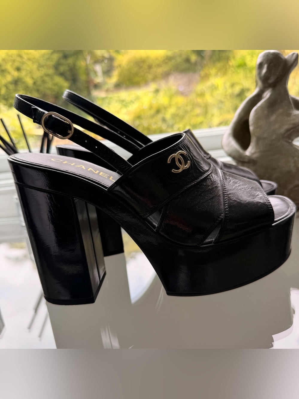 CHANEL Black Patent Leather Platform Slingback Sandals with Gold CC Sz 40
